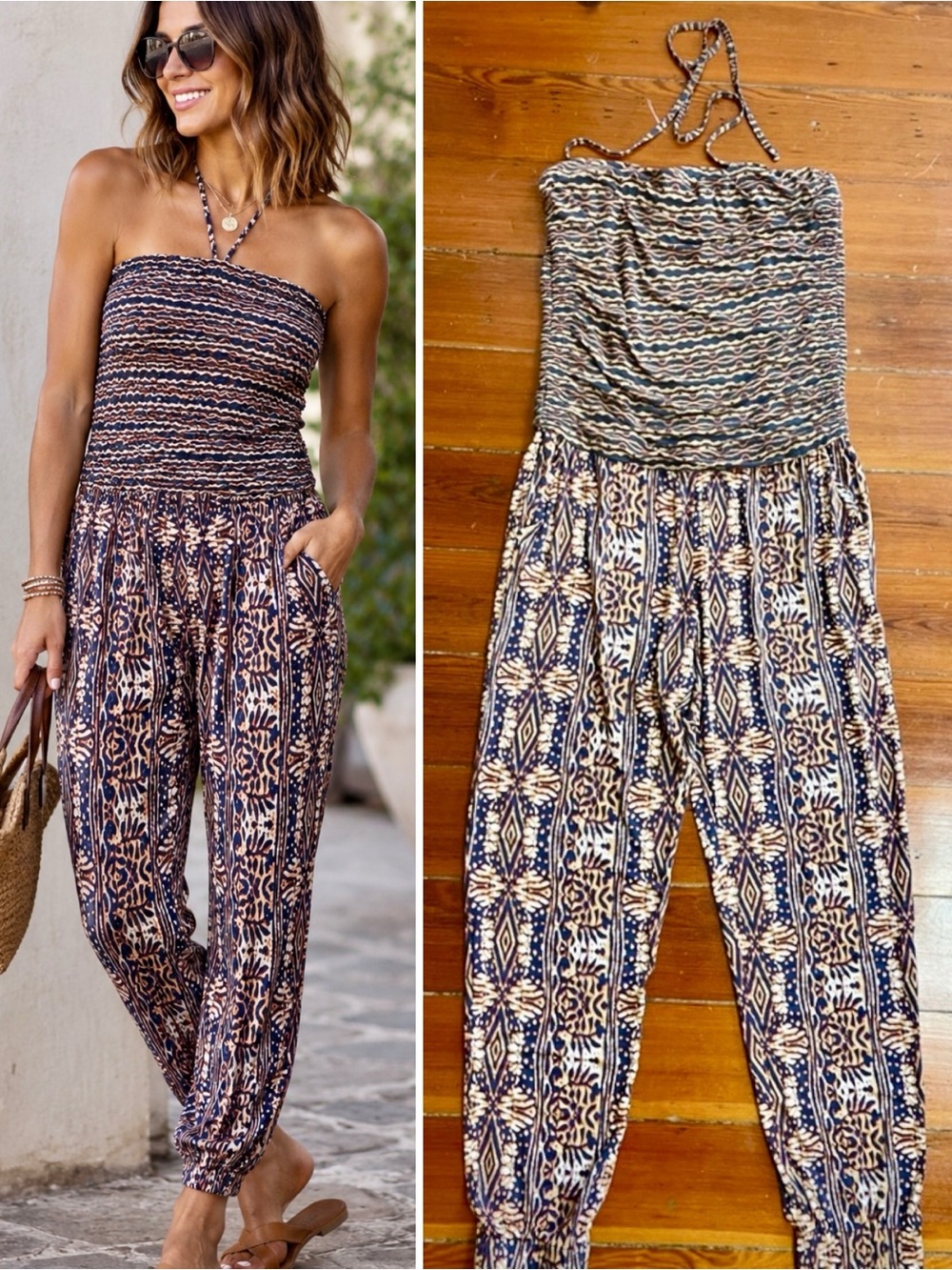 Cabi Mosaic Jumpsuit Halter Strapless Mixed Print Tapered JoggerLeg Boho~M 💚🎀